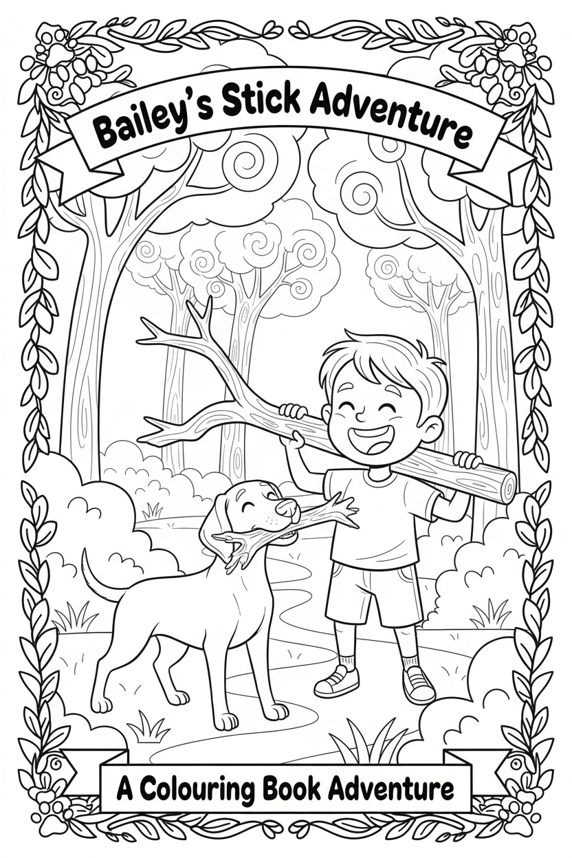 Colouring book cover featuring Bailey the Vizsla and Thomas collecting sticks