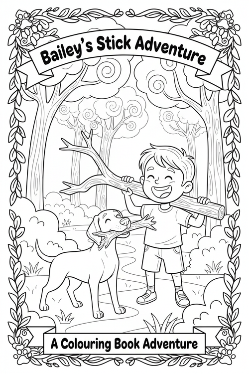 Colouring book cover featuring Bailey the Vizsla and Thomas collecting sticks
