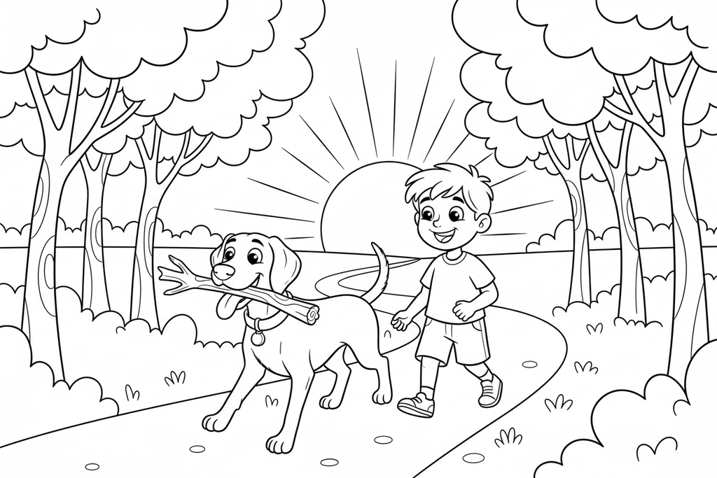 Bailey and Thomas walking home at sunset with stick in mouth