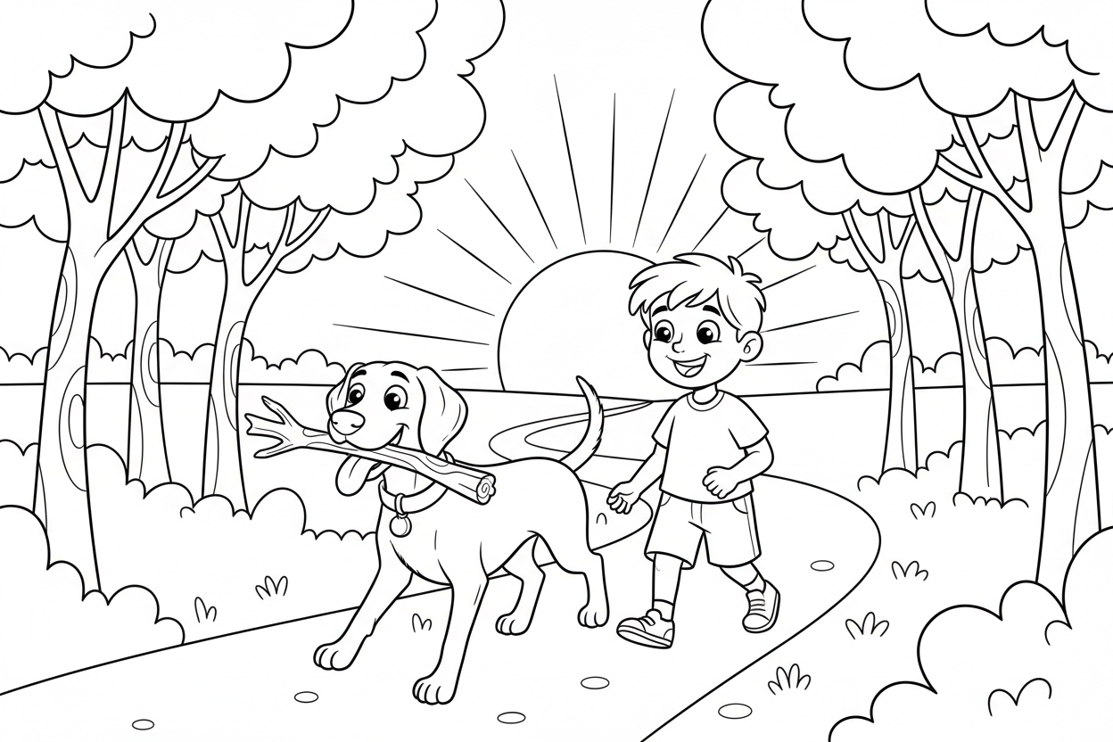 Bailey and Thomas walking home at sunset with stick in mouth