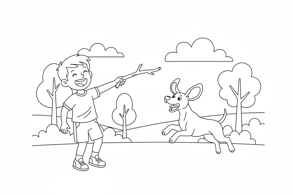 Thomas throwing a stick and Bailey leaping to catch it