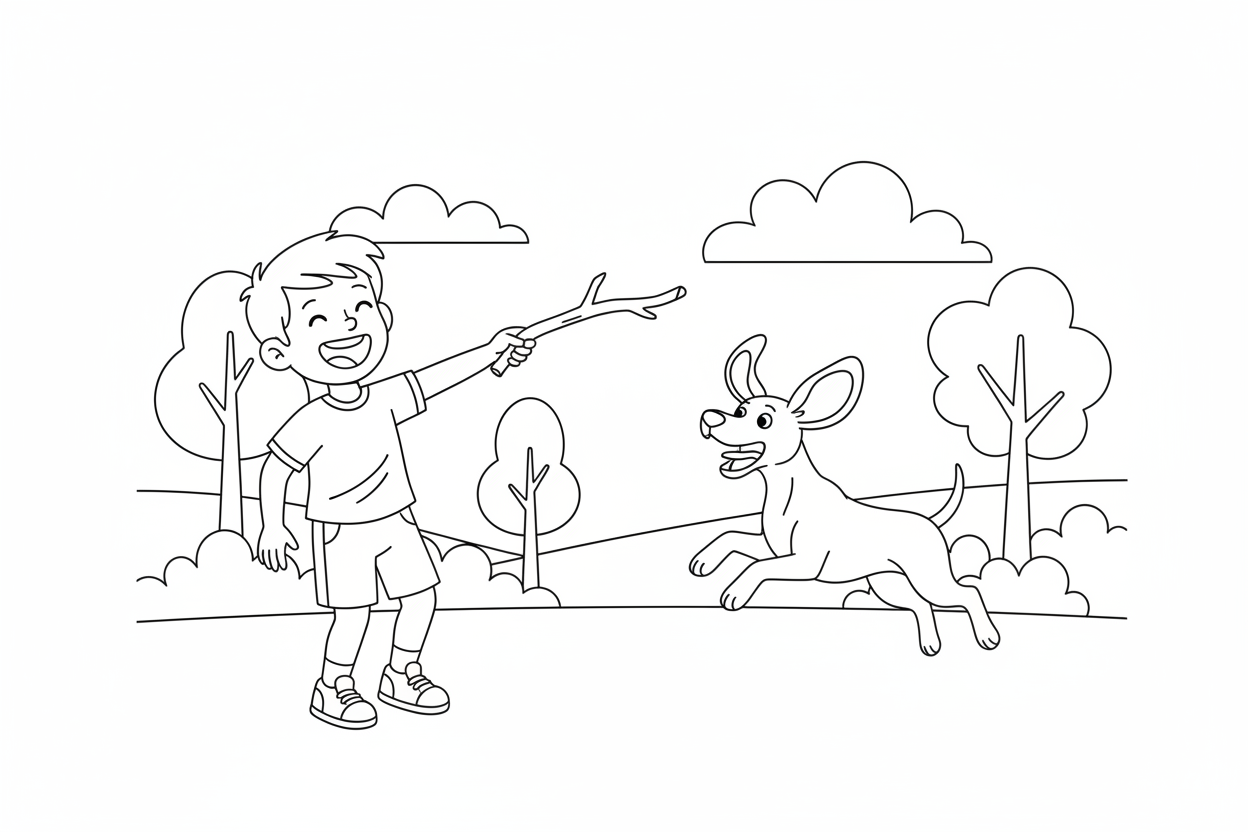 Thomas throwing a stick and Bailey leaping to catch it