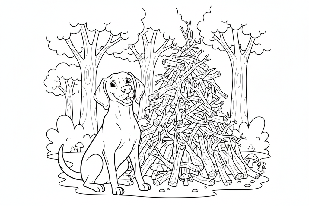 Bailey sitting proudly next to a pile of collected sticks