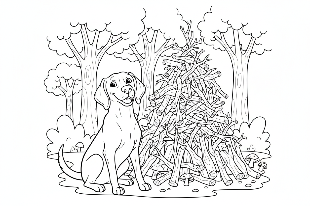 Bailey sitting proudly next to a pile of collected sticks