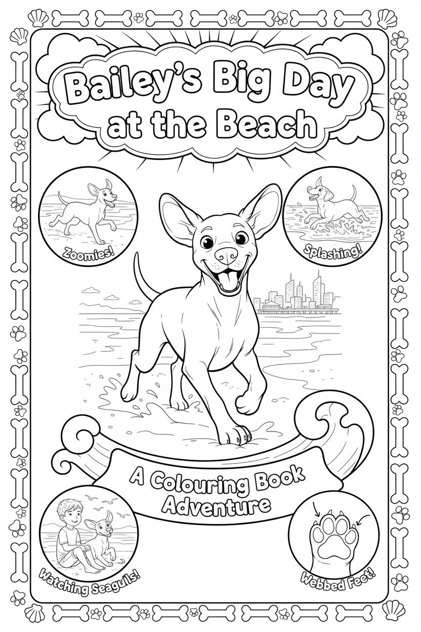 Colouring book cover featuring Bailey the Hungarian Vizsla at the beach