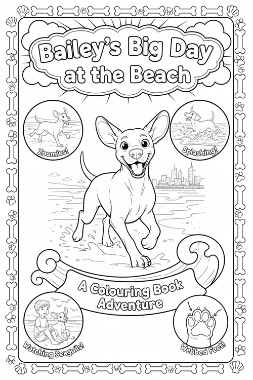 Colouring book cover featuring Bailey the Hungarian Vizsla at the beach