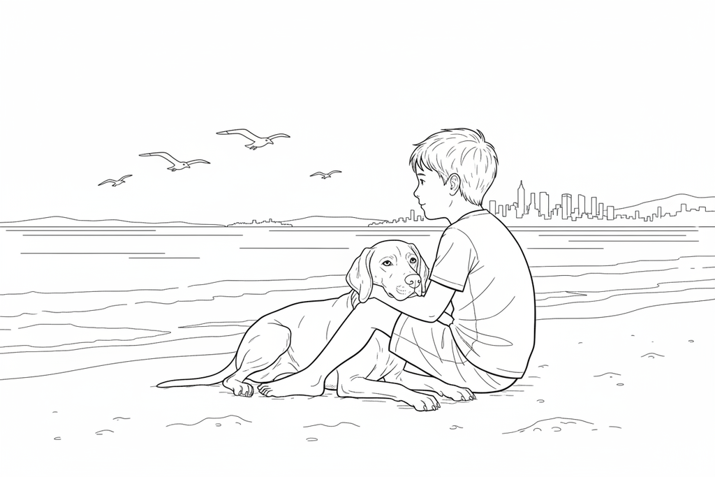 Bailey and Thomas sitting together watching seagulls on the beach