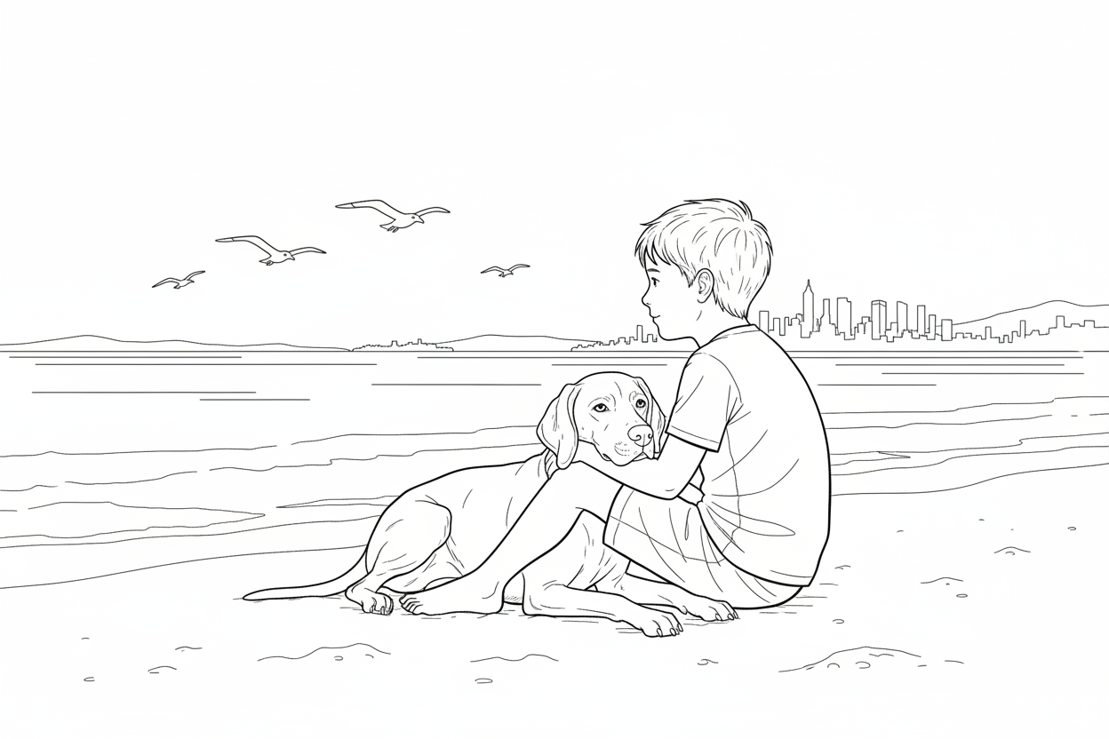 Bailey and Thomas sitting together watching seagulls on the beach