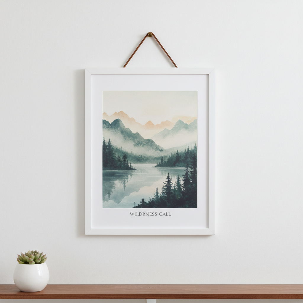 Premium matte paper wooden framed poster hanging on a white wall